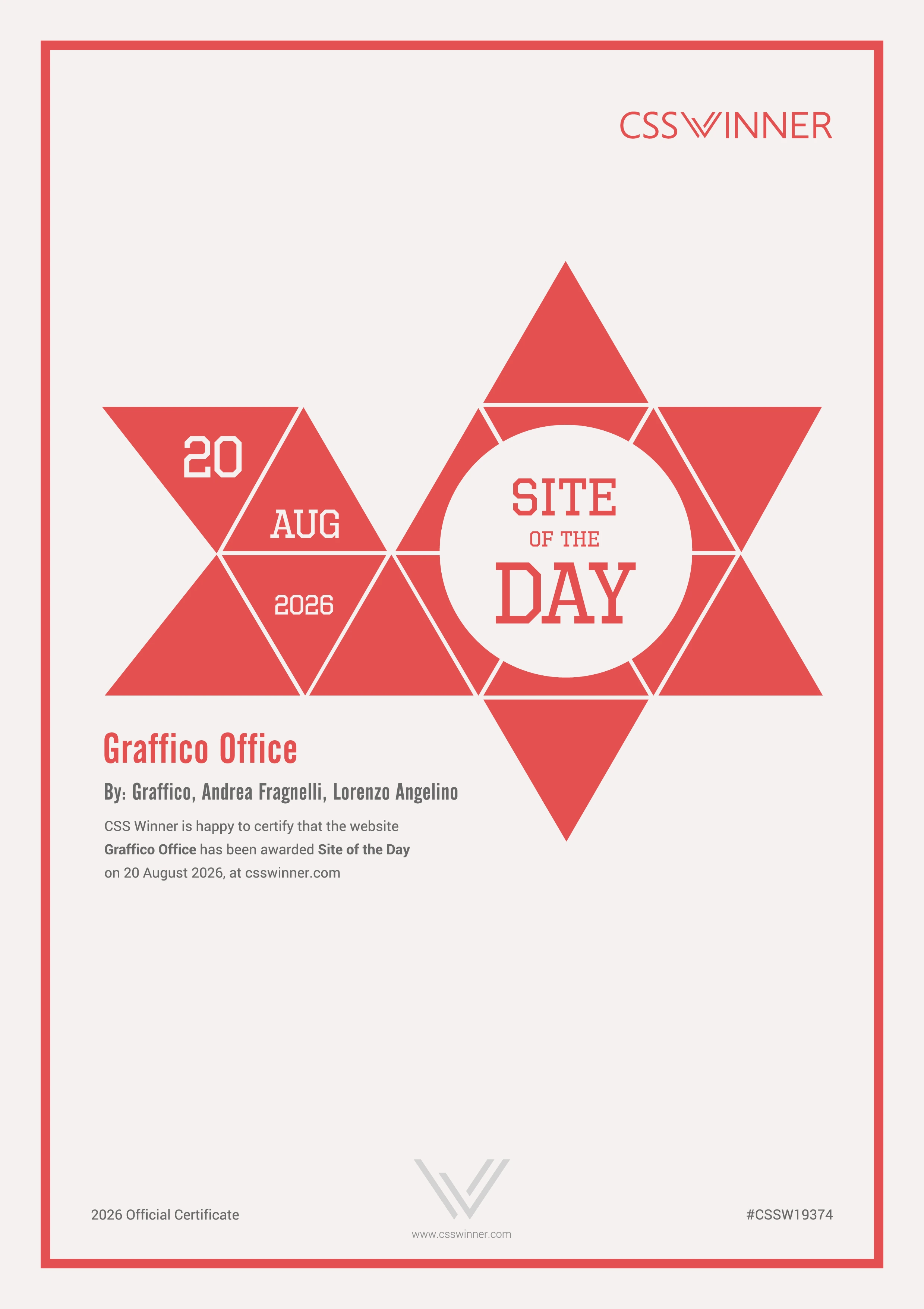 Certificato Site of the Day di CSS Winner per Graffico Office