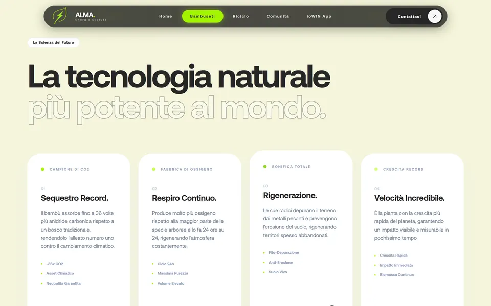 “La tecnologia naturale più potente al mondo.” with four cards about bamboo