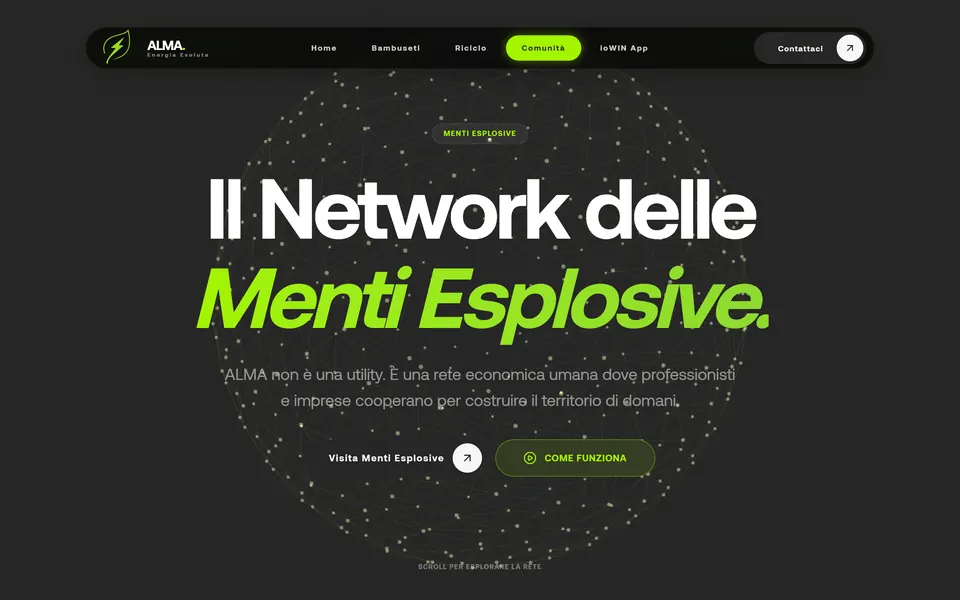 Community page: “Il Network delle Menti Esplosive.” inside a sphere of connected dots