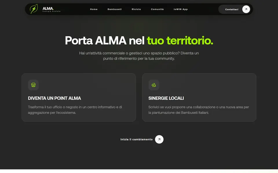 “Porta ALMA nel tuo territorio.” with the Diventa un Point ALMA and Sinergie Locali cards
