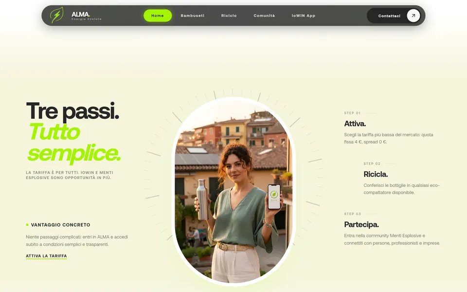 “Tre passi. Tutto semplice.” with a photo of a young woman and the steps Attiva, Ricicla, Partecipa