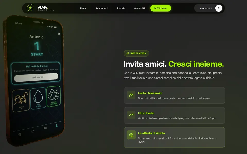 The rotated iPhone showing the invites screen, next to “Invita amici. Cresci insieme.”