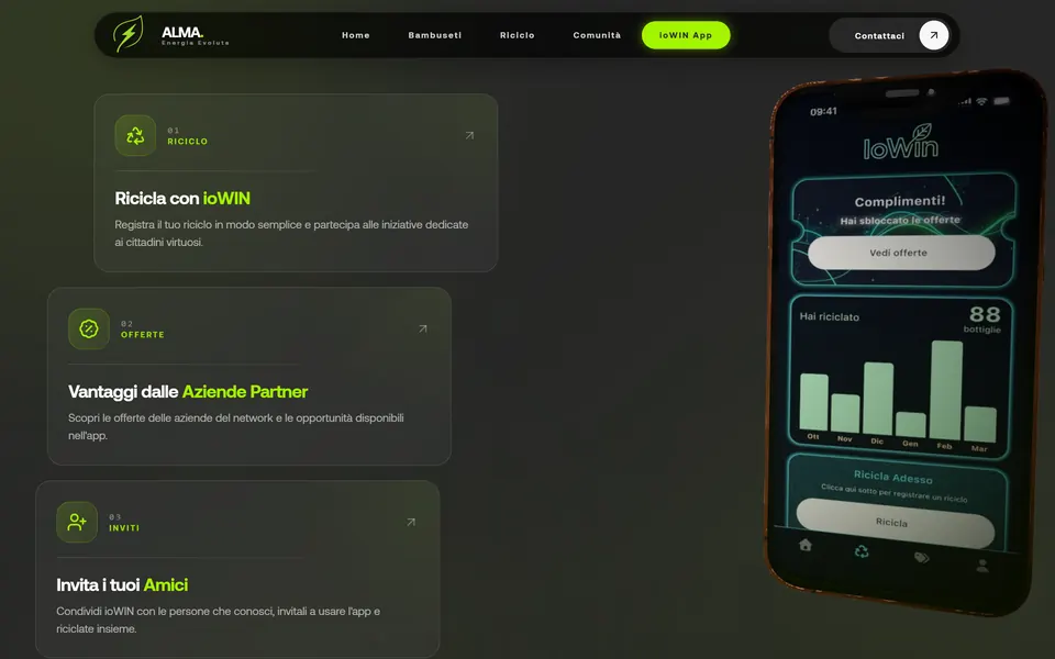 ioWIN page: the 3D iPhone showing the recycled bottles screen, next to the Recycling, Offers and Invites cards