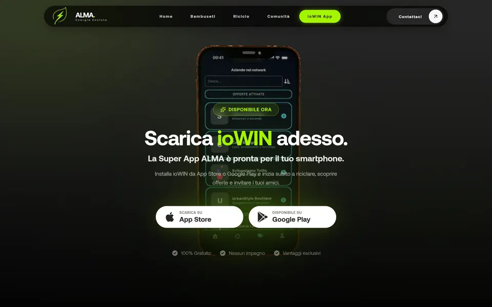 “Scarica ioWIN adesso.” with the App Store and Google Play buttons in front of the iPhone