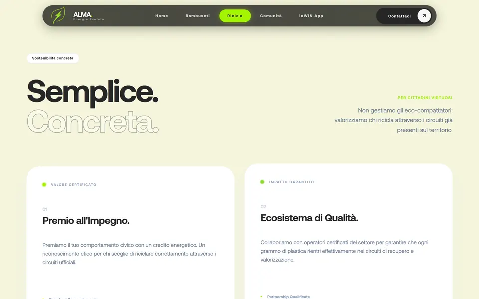 “Semplice. Concreta.” with the Premio all'Impegno and Ecosistema di Qualità cards