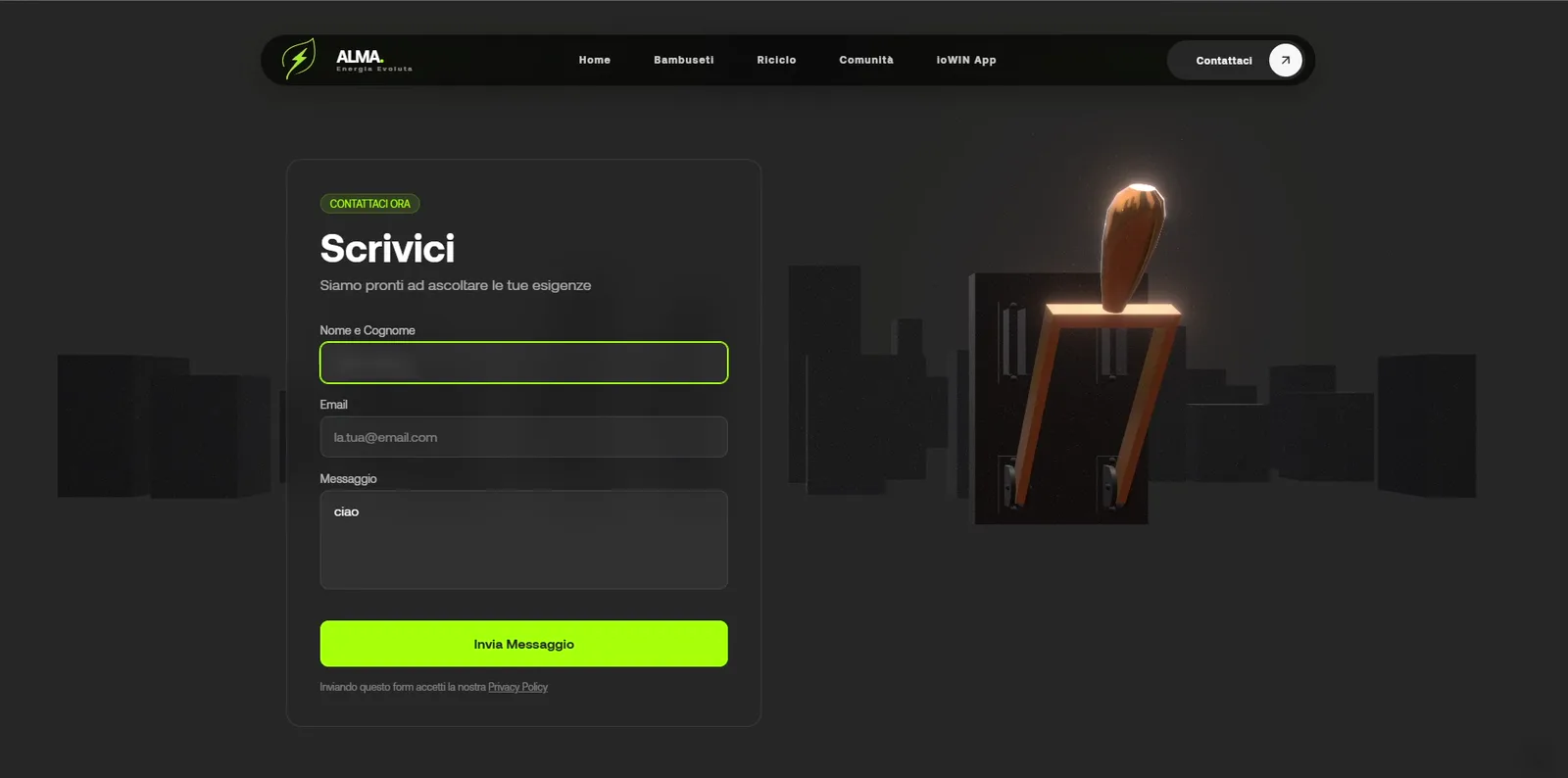 The Contact page: as the form is filled in, the 3D lever rises; when it's sent, the lever snaps and the buildings behind it light up (name and email are blurred)