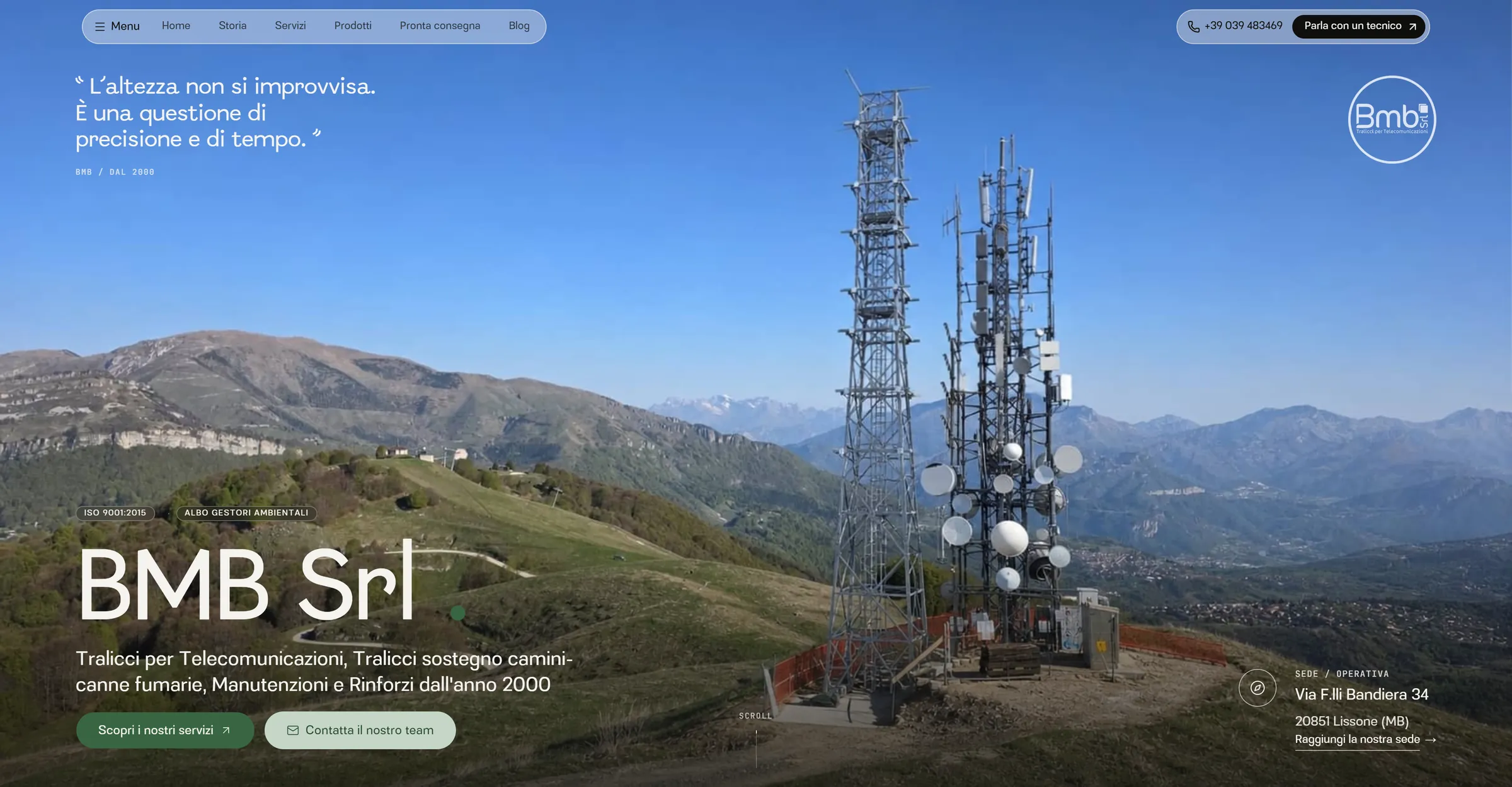 The new home page: “BMB Srl” and “L'altezza non si improvvisa.” over a photo of two towers in the mountains