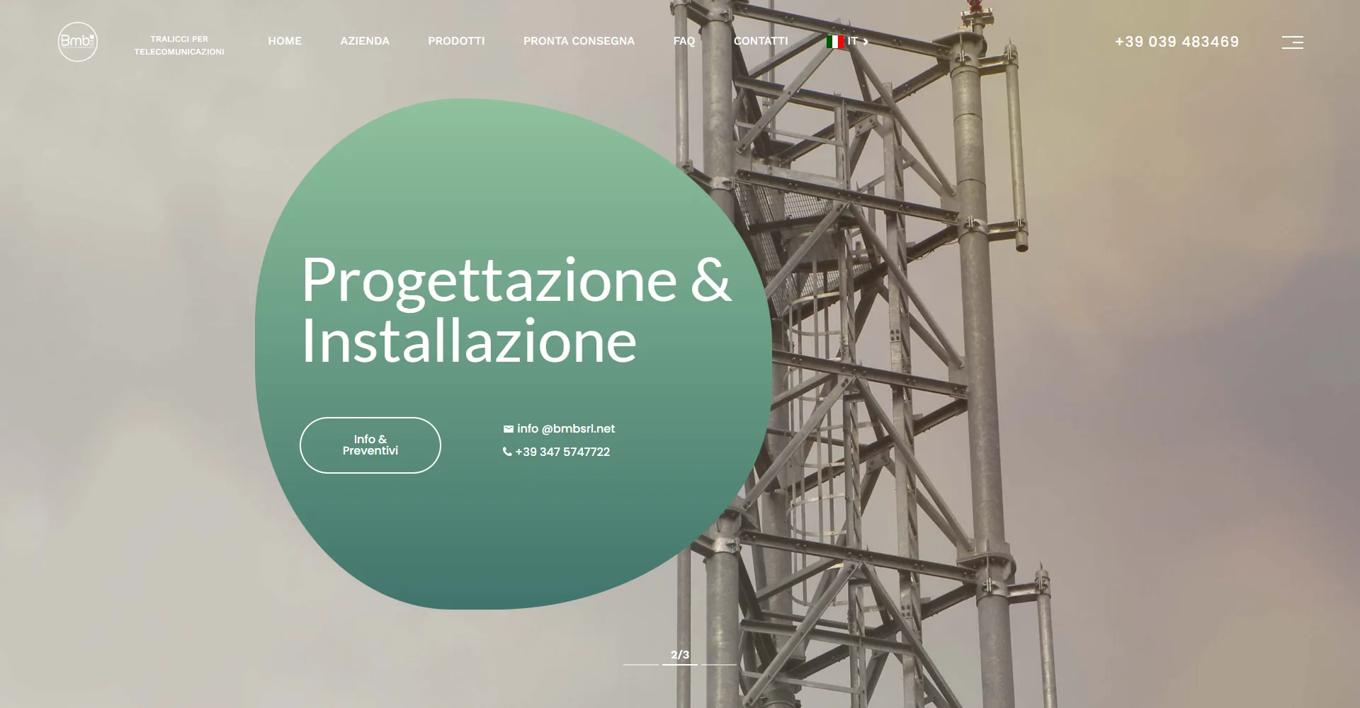 The home page of BMB's old website: “Progettazione & Installazione” in a green shape, over a photo of a tower