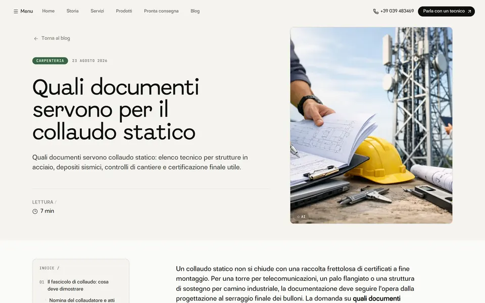Blog article: “Quali documenti servono per il collaudo statico”, with a photo of drawings and a yellow helmet