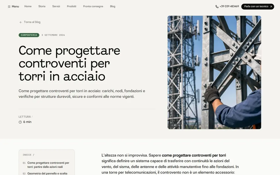 Blog article: “Come progettare controventi per torri in acciaio”, with a photo of a lattice tower