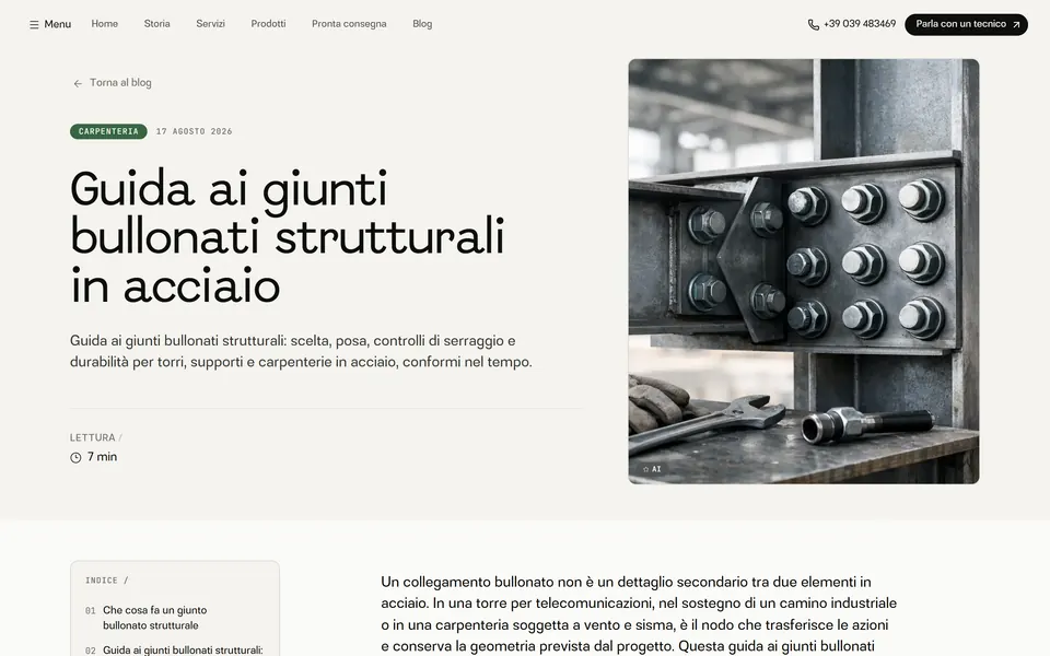 Blog article: “Guida ai giunti bullonati strutturali in acciaio”, with a photo of a bolted joint