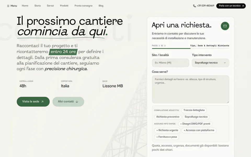 Contact page: “Il prossimo cantiere comincia da qui.” with the two-step request form