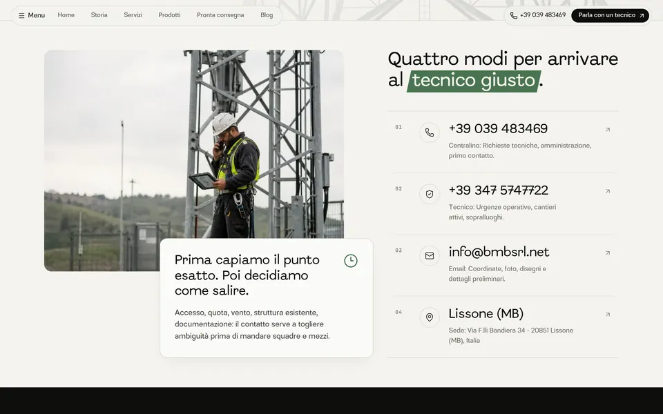 “Quattro modi per arrivare al tecnico giusto.” with phone, technician's mobile, email and address