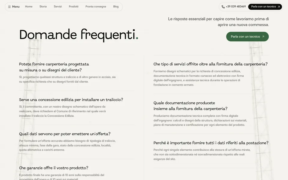“Domande frequenti.” with answers on custom steelwork, building permits and documentation