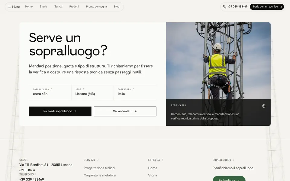 “Serve un sopralluogo?” with a photo of a technician climbing a tower