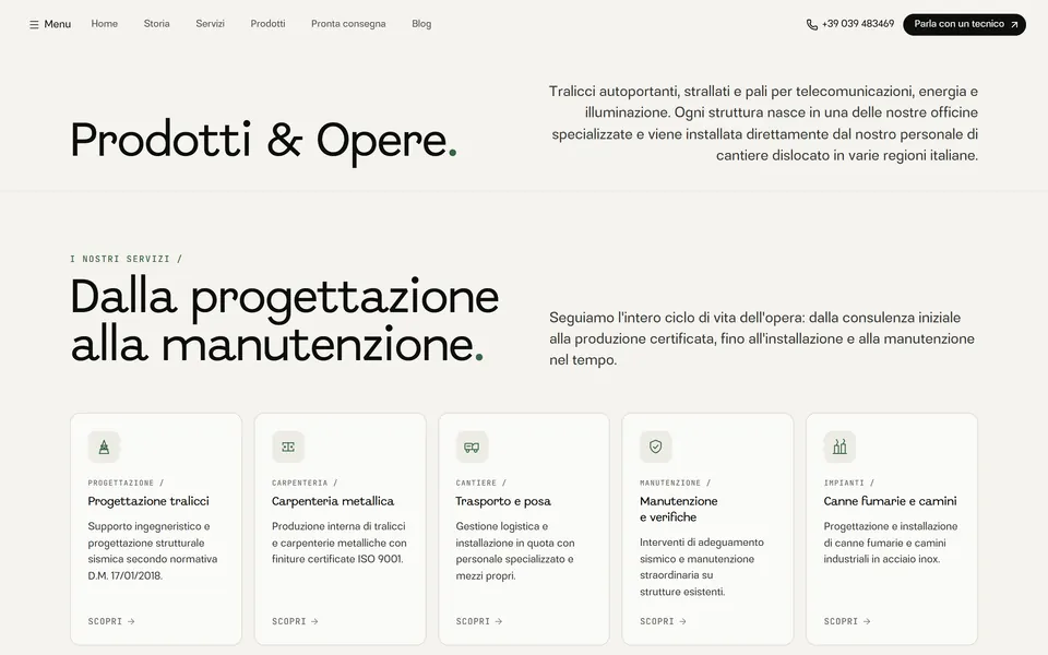 Products page: “Prodotti & Opere.” and “Dalla progettazione alla manutenzione.” with the service cards