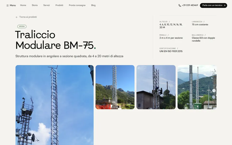 The Traliccio Modulare BM-75 sheet: heights, width, modules, bolts and certification, with photos