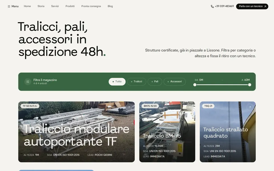 Stock page: “Tralicci, pali, accessori in spedizione 48h.” with the filter by type and height