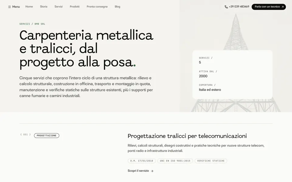 Services page: “Carpenteria metallica e tralicci, dal progetto alla posa.” with the first service, design