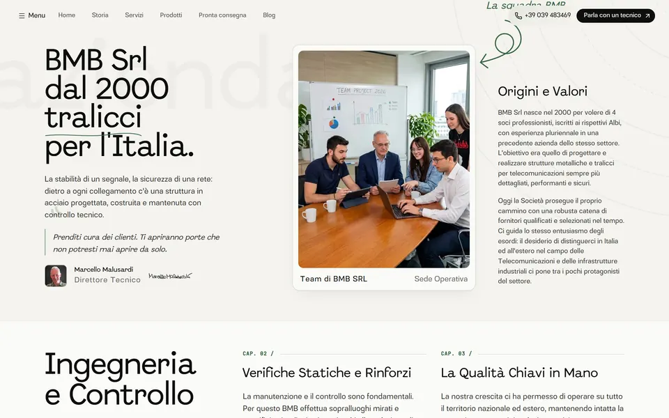 History page: “BMB Srl dal 2000 tralicci per l'Italia.” with a team photo and the company's origins