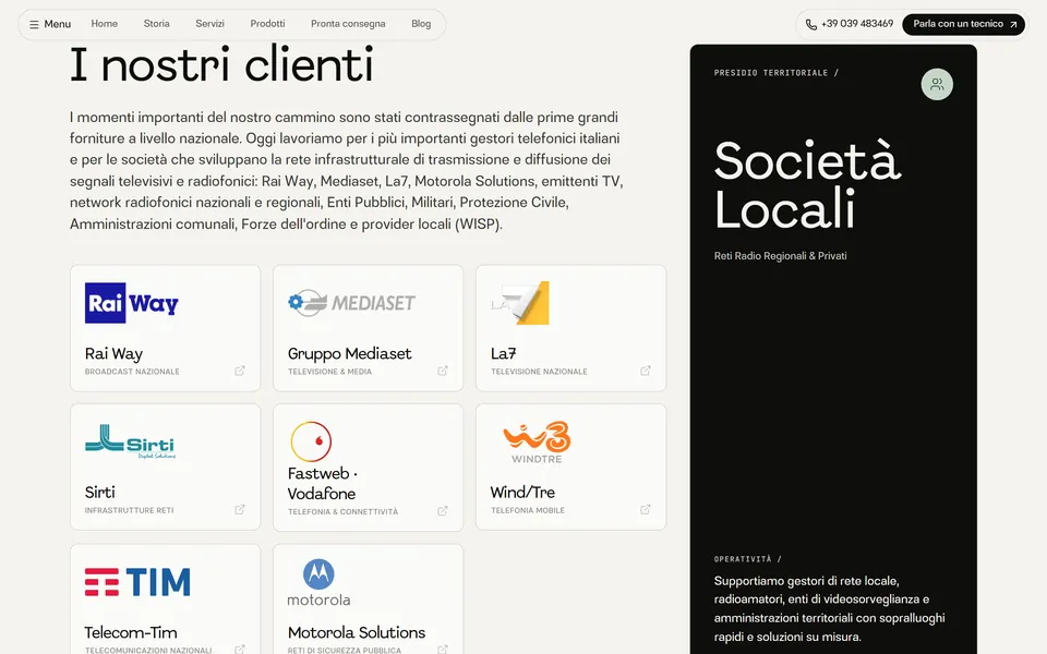 “I nostri clienti” with the logos of Rai Way, Mediaset, La7, Sirti, Fastweb Vodafone, Wind Tre, TIM and Motorola