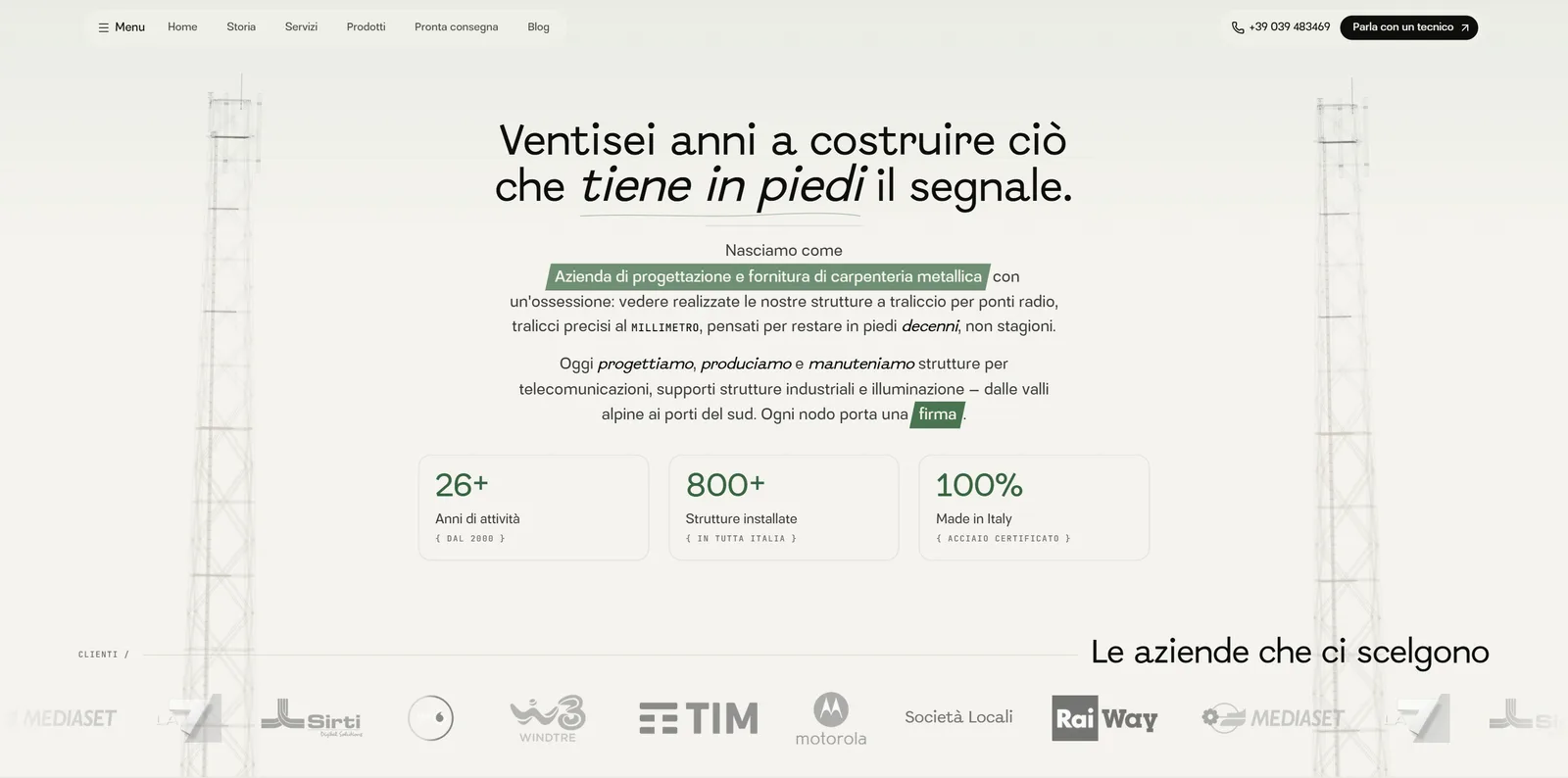 The BMB home page: “Ventisei anni a costruire ciò che tiene in piedi il segnale.” between two 3D towers, then the product showcase moving from one sheet to the next