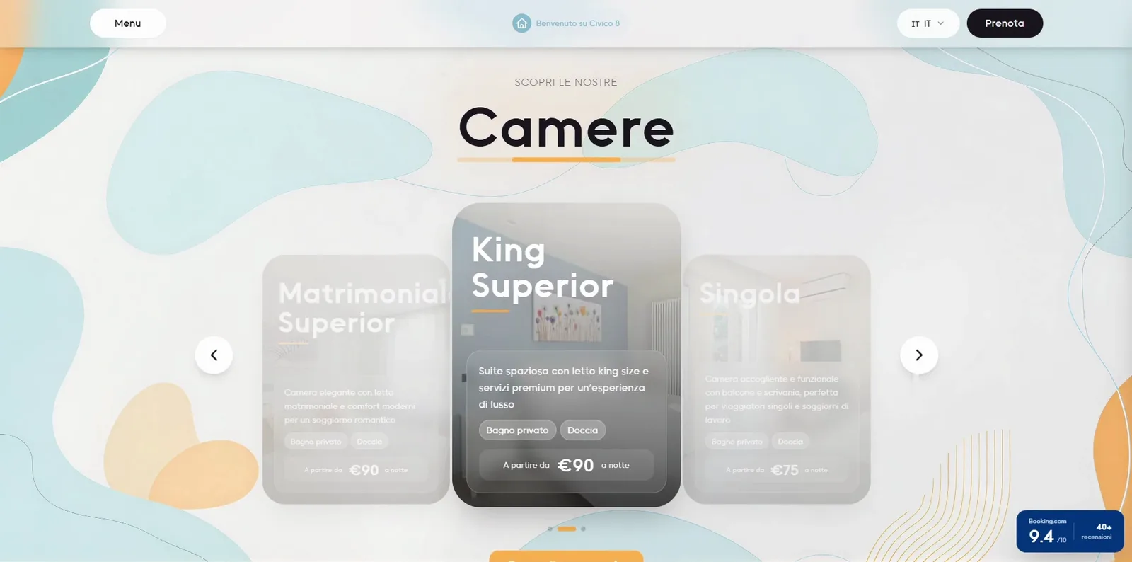 Il carosello delle camere passa dalla King Superior alla Singola e alla Matrimoniale Superior, poi si apre la scheda della Matrimoniale Superior con servizi, welcome kit e recensioni