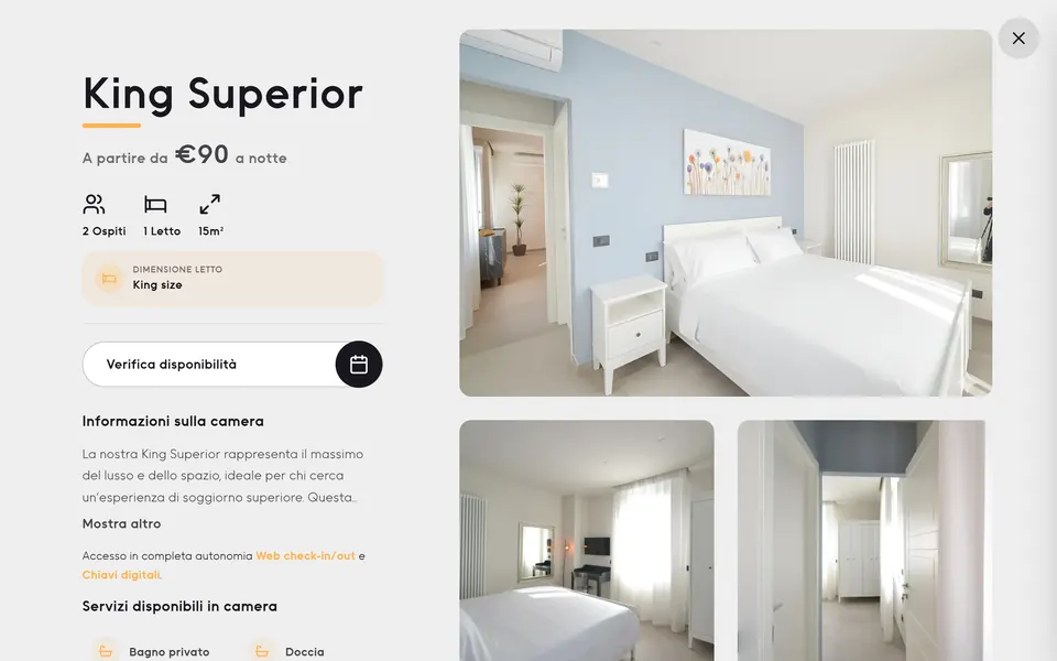 La scheda della King Superior: prezzo a notte, ospiti, metri quadri, letto king size, il pulsante Verifica disponibilità e le foto della camera