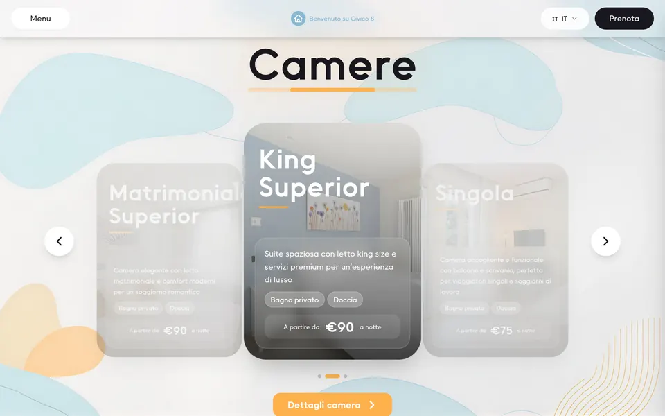 “Camere”: il carosello con la King Superior al centro, i servizi e il prezzo a notte di ogni camera