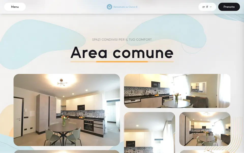 “Area comune” con il segno arancio sotto il titolo e le foto della cucina