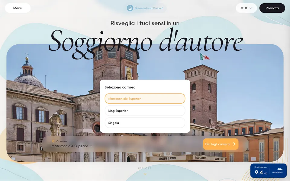La prima schermata: “Soggiorno d'autore” sulla foto di Reggio Emilia, con il riquadro Seleziona camera aperto su Matrimoniale Superior, King Superior e Singola