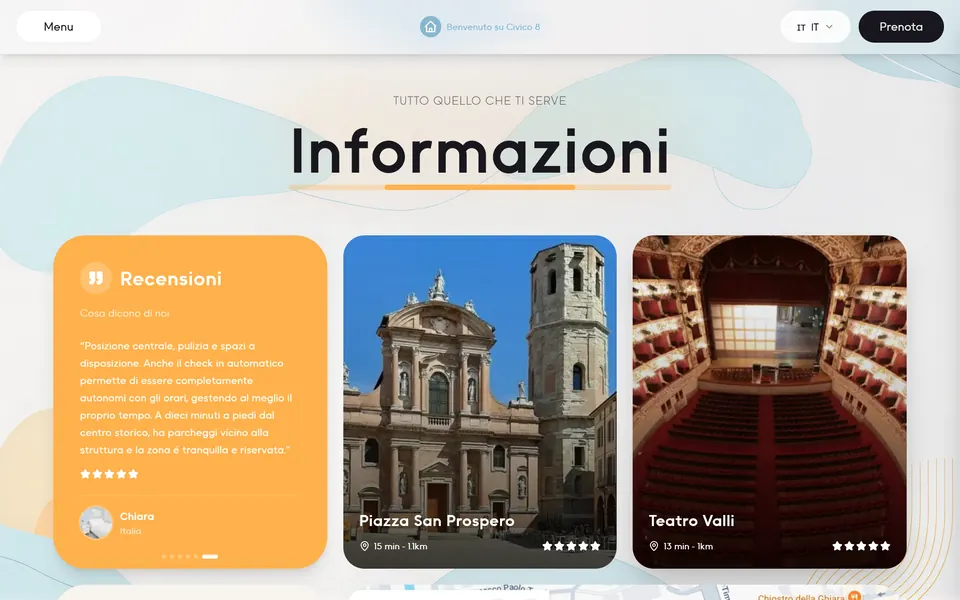 Le schede Piazza San Prospero (15 min, 1,1 km) e Teatro Valli (13 min, 1 km), accanto a una recensione