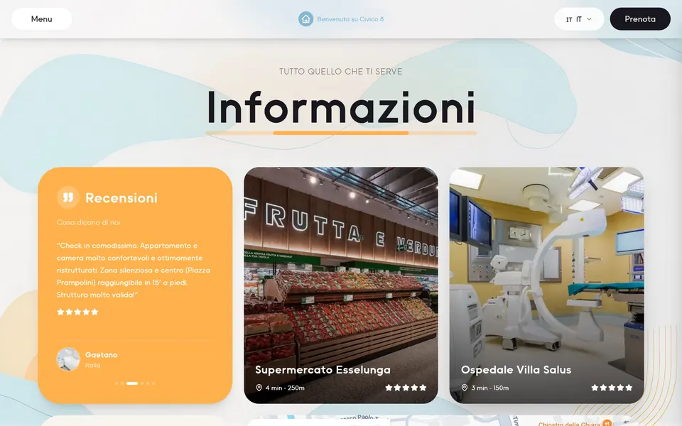 La sezione Informazioni: una recensione e le schede Supermercato Esselunga (4 min, 250 m) e Ospedale Villa Salus (3 min, 150 m)