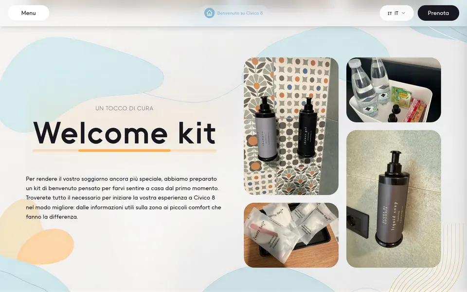 “Welcome kit” con le foto dei flaconi da bagno, dell'acqua con gli snack e dei set di cortesia
