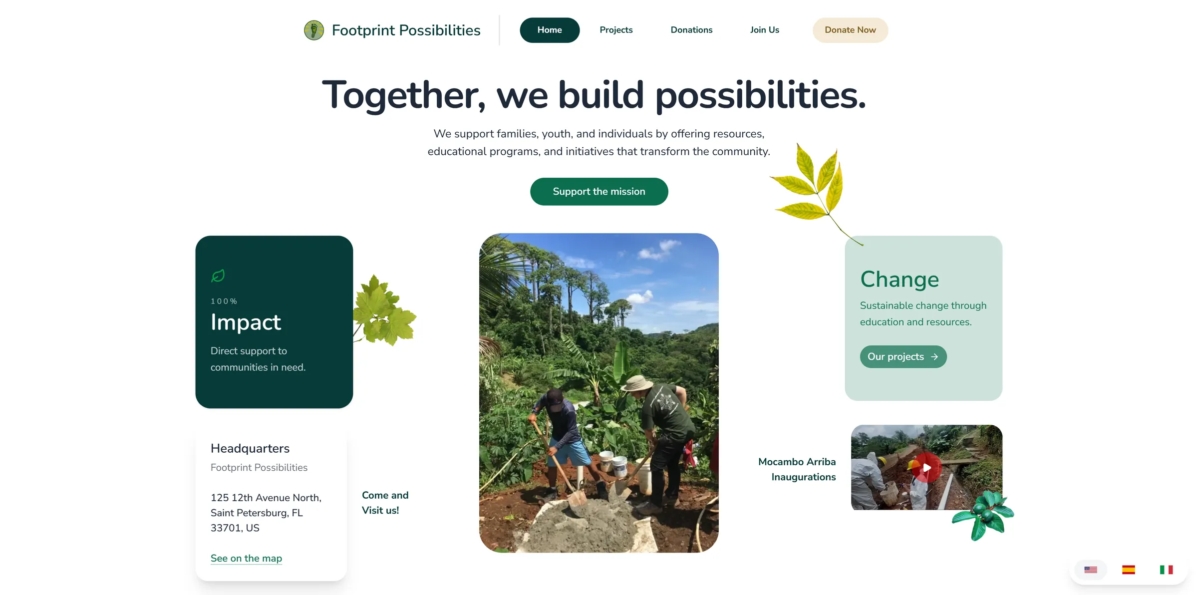 La home del sito nuovo: “Together, we build possibilities.” con le schede dell'impatto, la sede e una foto dal campo