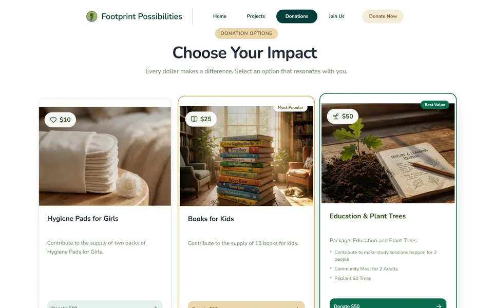 “Choose Your Impact”: assorbenti per ragazze da 10 dollari, libri per bambini da 25, istruzione e alberi da 50