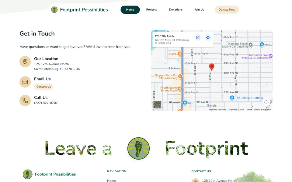 “Get in Touch” con indirizzo, email, telefono e mappa, sopra la scritta “Leave a Footprint”