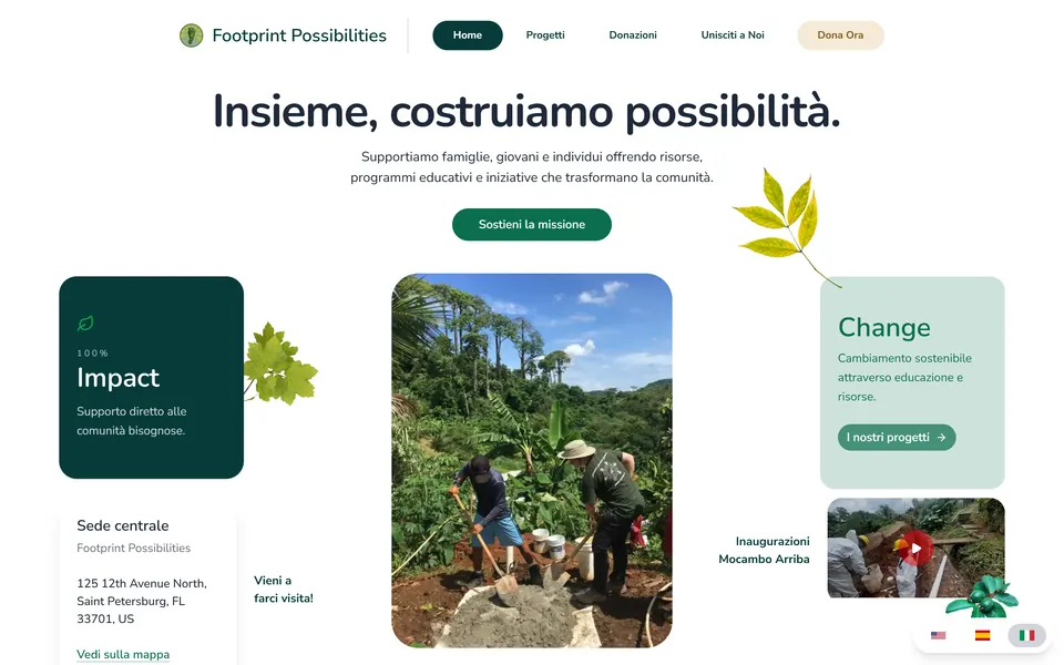 La home in italiano: “Insieme, costruiamo possibilità.” con le bandiere della lingua in basso a destra
