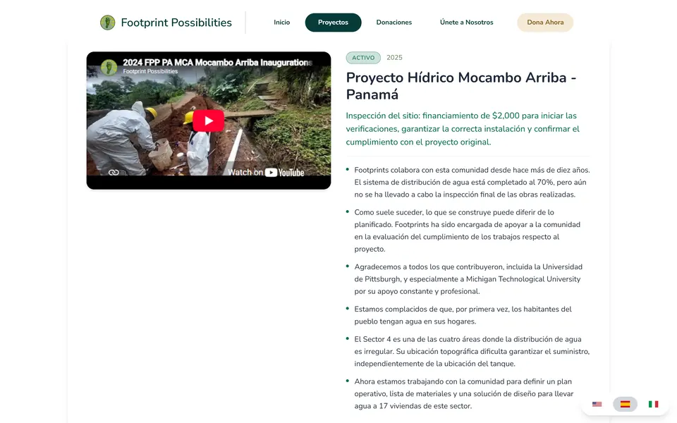 La scheda “Proyecto Hídrico Mocambo Arriba - Panamá” in spagnolo, con il video delle inaugurazioni