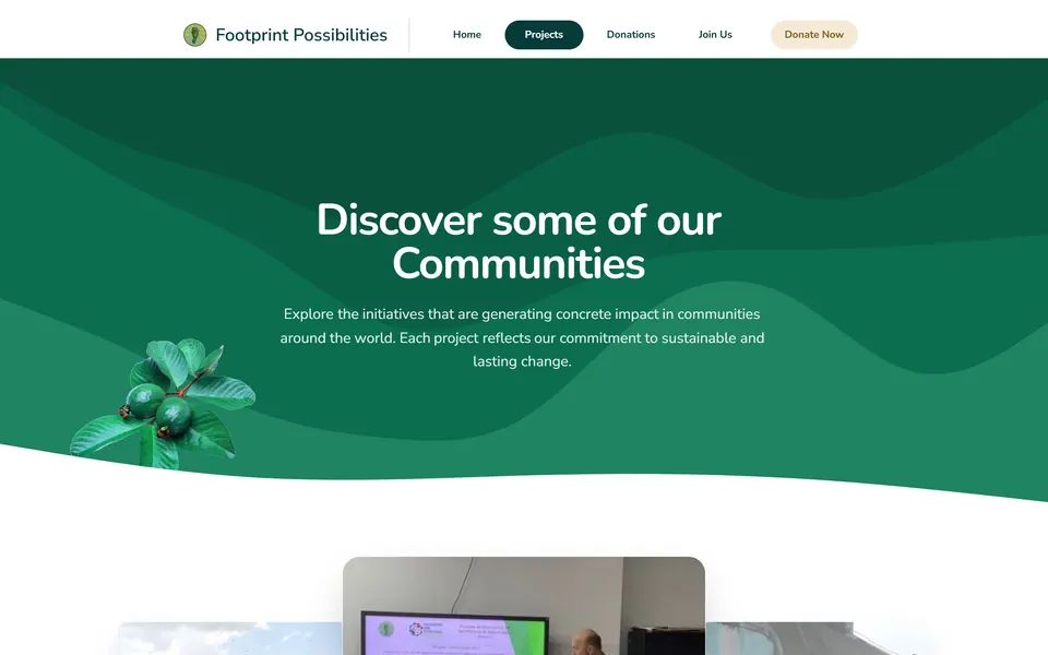 Pagina Projects: “Discover some of our Communities” su onde verdi