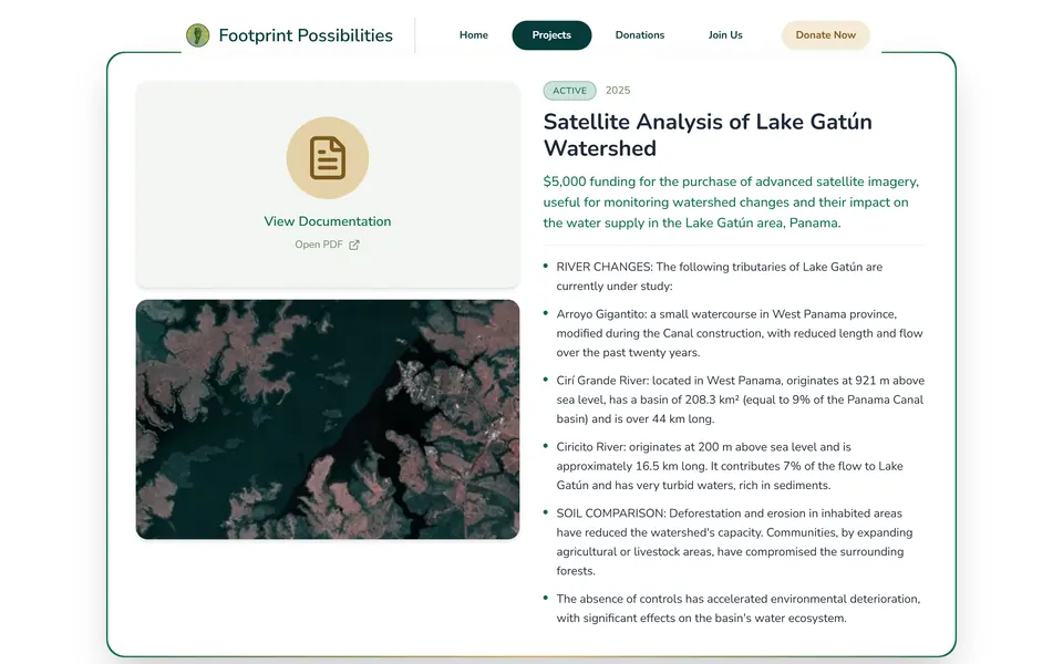 La scheda “Satellite Analysis of Lake Gatún Watershed”, con la documentazione in PDF e un'immagine satellitare