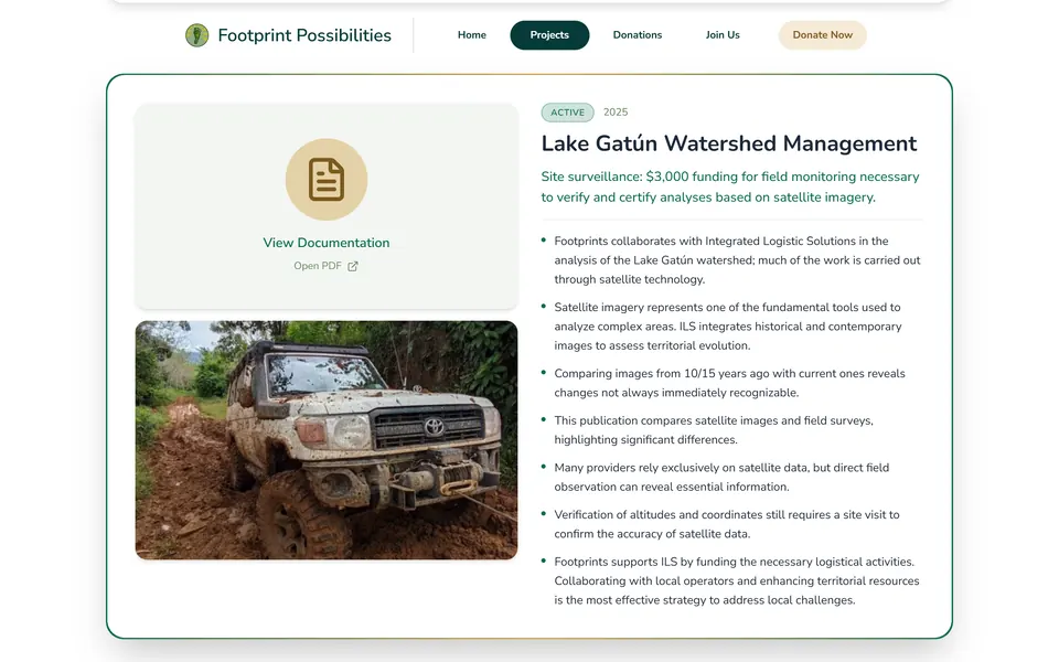 La scheda “Lake Gatún Watershed Management” con la documentazione in PDF e la foto di un fuoristrada nel fango