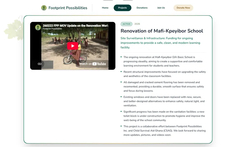 La scheda “Renovation of Mafi-Kpeyibor School”, attiva nel 2026, con il video sui lavori di ristrutturazione