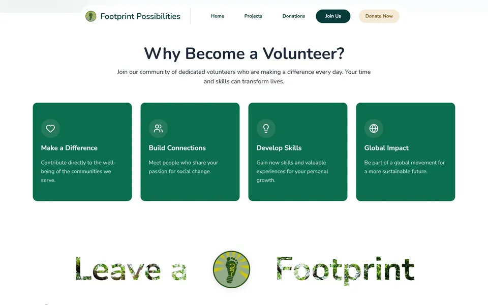 “Why Become a Volunteer?” con quattro schede verdi: Make a Difference, Build Connections, Develop Skills, Global Impact