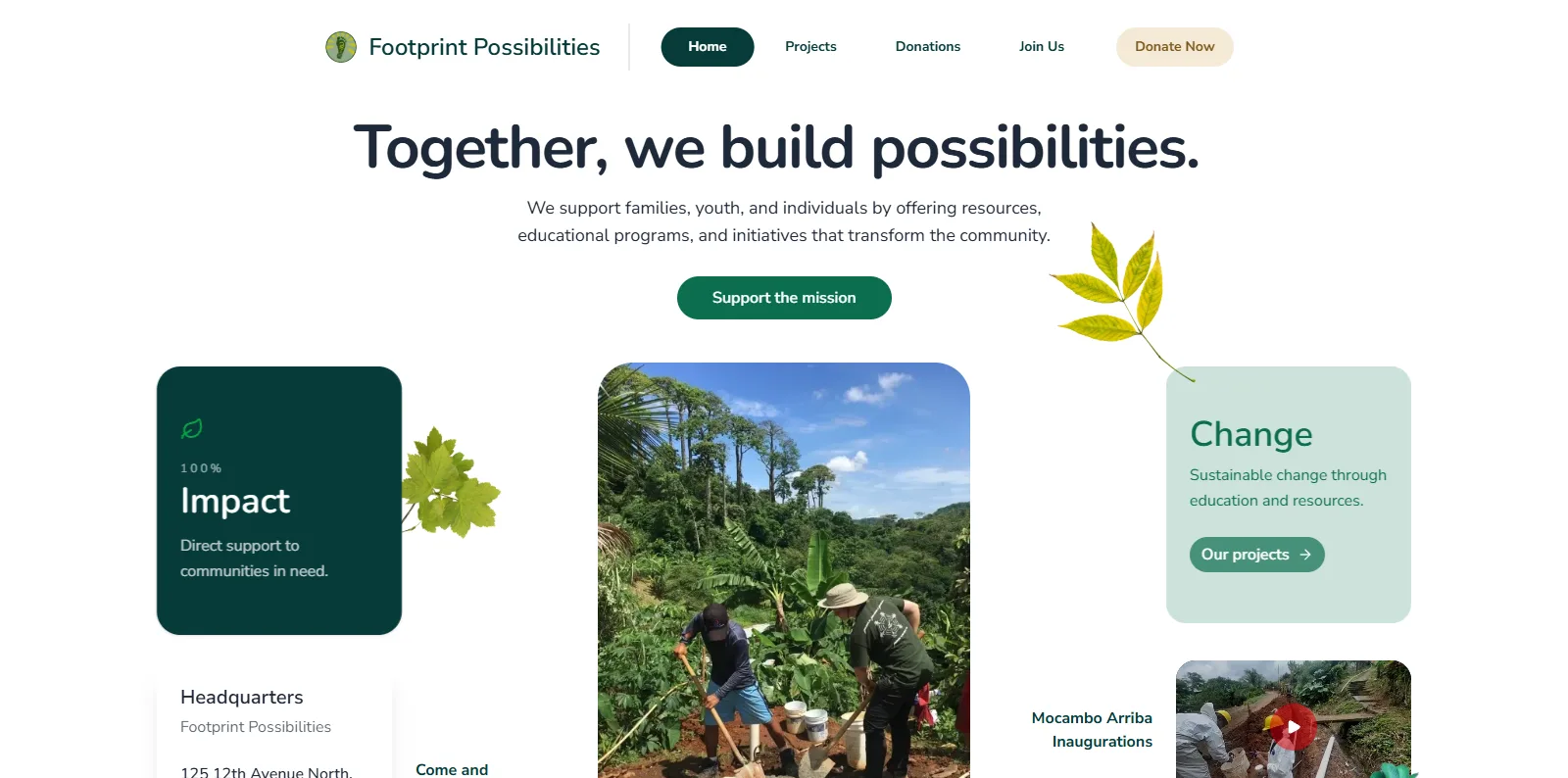 La home di Footprint Possibilities: il mosaico di apertura, poi “Bridging the Gap Between Need and Opportunity”, i motivi per sceglierla, le università partner e “How It Works”
