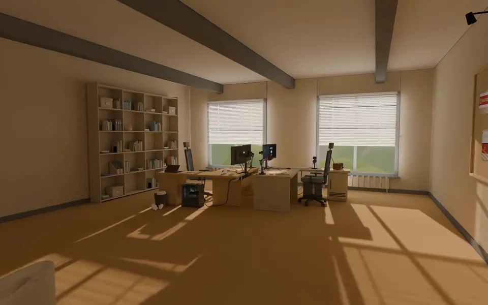 L'ufficio in 3D: la libreria, le due postazioni e la luce che entra dalle finestre