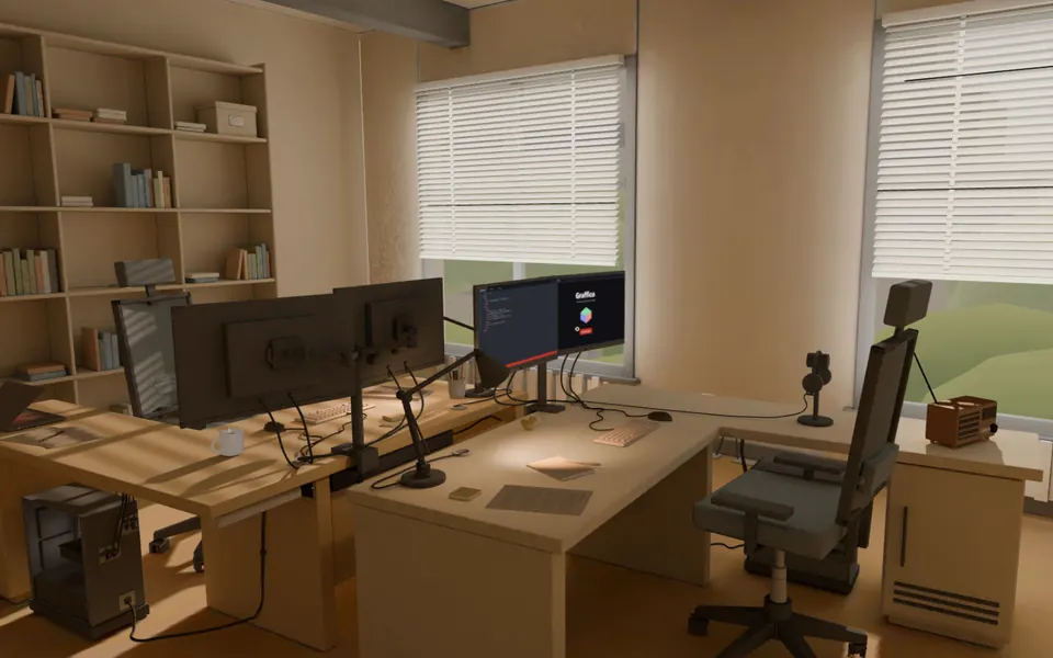 Le scrivanie con i monitor, il microfono, le sedie e la radio vicino alla finestra