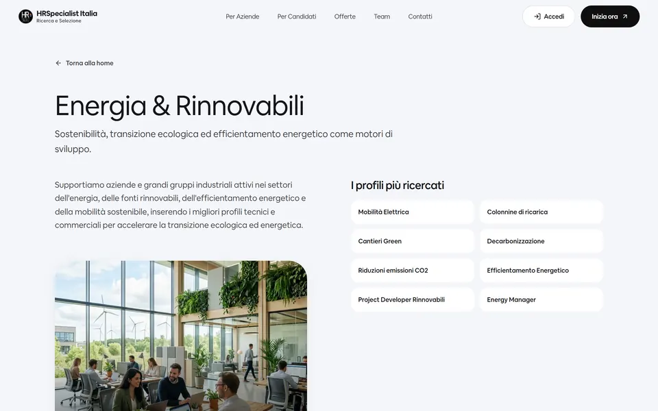 The Energia & Rinnovabili page with the most sought-after profiles and a photo of an office