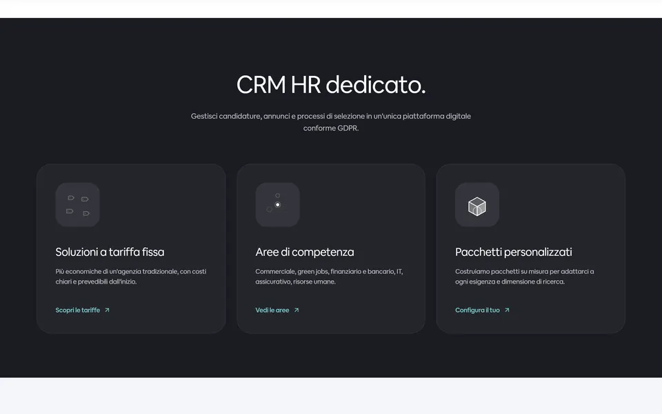 “CRM HR dedicato.” on a dark background, with fixed fees, areas of expertise and custom packages