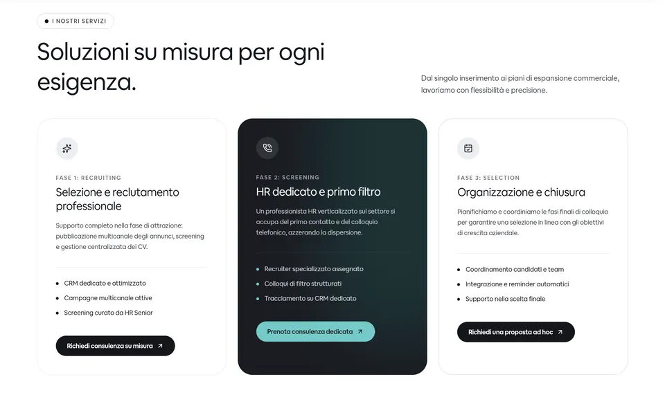 “Soluzioni su misura per ogni esigenza.” with three cards: recruiting, screening and selection